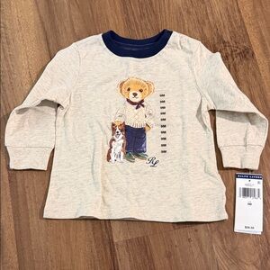 Ralph Lauren Cream Long-Sleeve Baby Bear Tee with Navy Trim